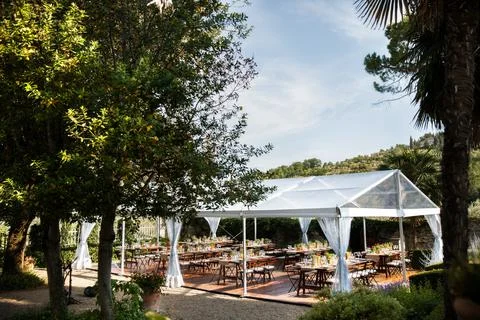 Tables sets for wedding or another catered event dinner Stock Photos