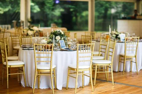 Tables sets for wedding or another catered event dinner Stock Photos