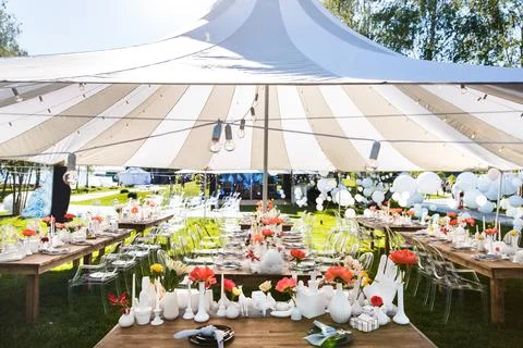 Tables sets for wedding or another catered event dinner Stock Photos