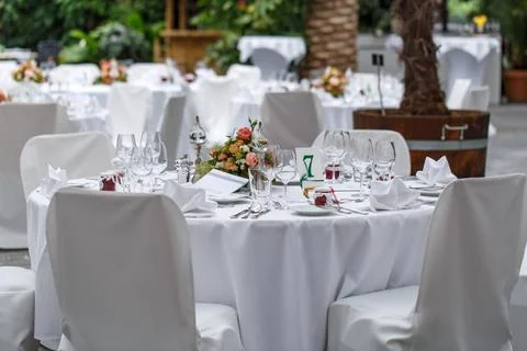 Tables setting for an event party or wedding reception Stock Photos