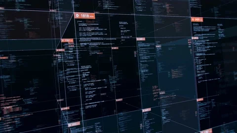Tables with source codes on black background. Animation. 3D table in cyberspace Video stock 137334984