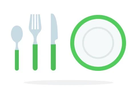 Tablespoons teaspoon fork, knife, plate with green piping vector flat isolated Stock Illustration