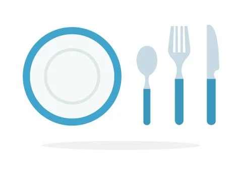 Tablespoons teaspoon, fork, knife, plate with blue piping vector flat isolated Stock Illustration