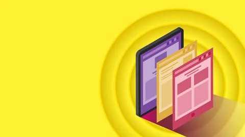 Tablet with 3 screens on a yellow background with circles. Illustration. Stock Illustration