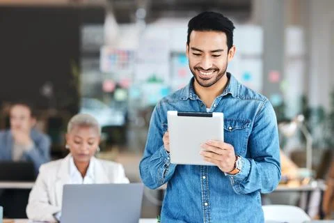 Tablet, agency and web developer working or employee happy for startup Stock Photos