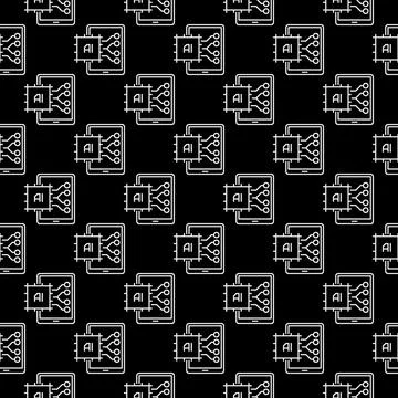 Tablet with AI Chip vector Artificial Intelligence dark seamless pattern in.. Stock Illustration