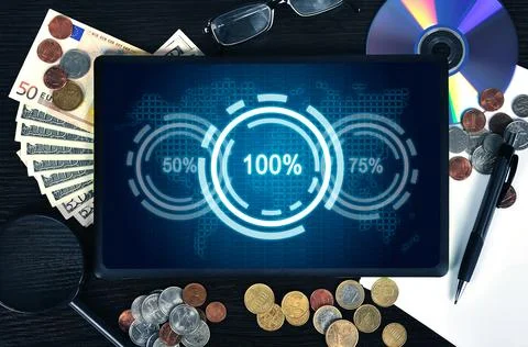 Tablet with analytics data and percentage charts Foto stock