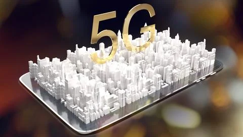 Tablet and 5g text gold on white building city 3d rendering for networking .. Stock Illustration