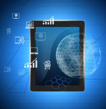 Tablet and abstract map of the global telecommunications network Illustrazione stock