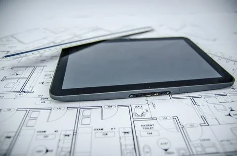  tablet and architectural construction design document tools background ta... 스톡 사진