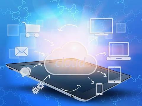 Tablet and cloud with icons around it Stock-Illustration