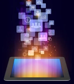 Tablet and computer icons in the squares on sides with rays Stock Illustration