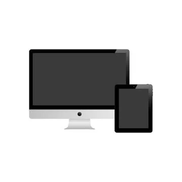 Tablet and desktop computer with black screen on a white background. Stock Illustration