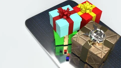 Tablet and Gift box 3d rendering for shopping online or celebration concept. Stock Photos