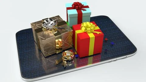 Tablet and Gift box 3d rendering for shopping online or celebration concept. Stock Photos