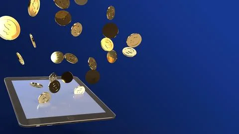 Tablet and gold coin 3d rendering for business content. Stock Illustration