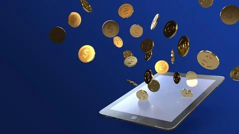 Tablet and gold coin 3d rendering for business content. Stock Illustration