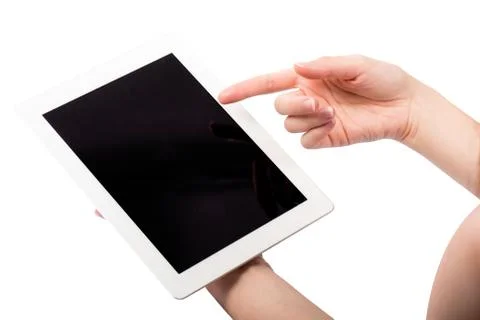 Tablet and Hands on White Background Stock Photos
