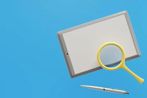 Tablet and magnifier. Search, data analysis, SEO. Illustrazione stock