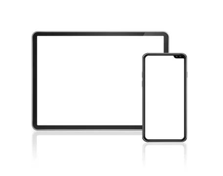 Tablet and mobile phone set mockup isolated on white. 3D render Stock Illustration