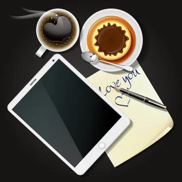 Tablet and note paper with black coffee and pudding Stock Illustration
