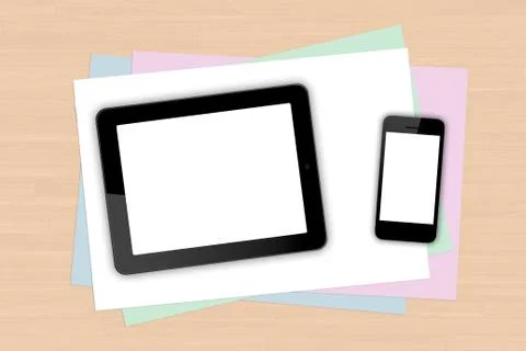 Tablet and phone on note papers Stock Illustration