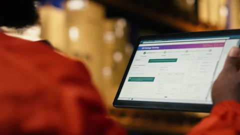 Tablet and scanner, verifying and organizing packages, black staff in warehouse Stock Footage 332911296