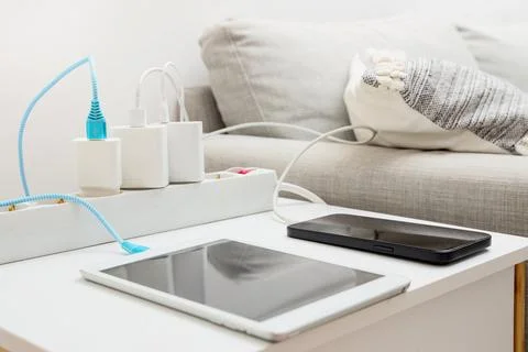 Tablet and smartphone charging on white table near sofa Stock Photos