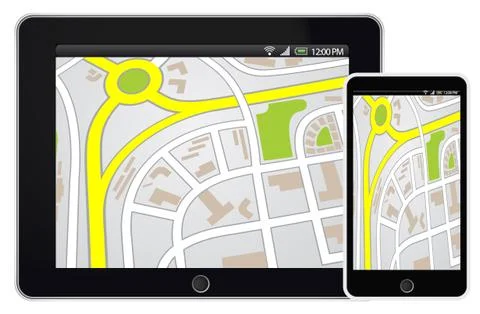 Tablet and smartphone mobile with GPS navigation on map Illustrazione stock