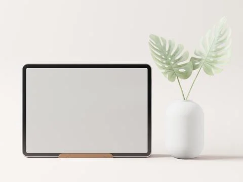 Tablet and vase on white background 3d style Stock Photos