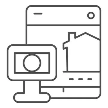 Tablet and webcam thin line icon, smart home symbol, remote security control Stock Illustration