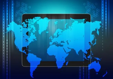 Tablet and world map on an abstract background Ilustración de archivo