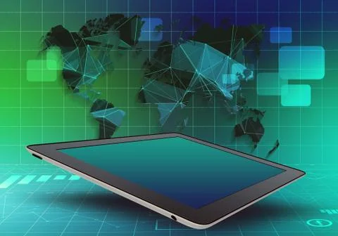 Tablet and world map on an abstract background 스톡 일러스트