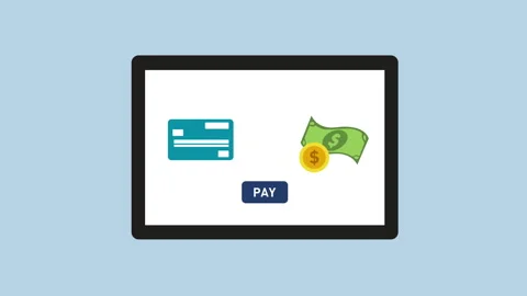 Tablet app processing online payment with cash money 2d with Alpha Matte Stock Footage 335800696