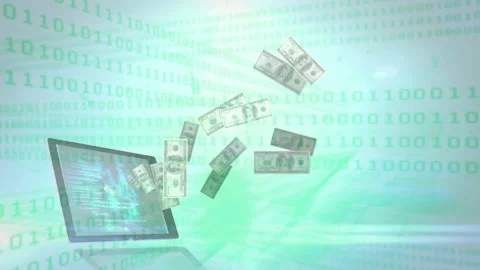 Tablet appearing lower-left, emitting cash flowing across binary grid Stock Footage 335651969