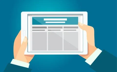 Tablet background - hands holding a tablet with website on it. Vector Illustration