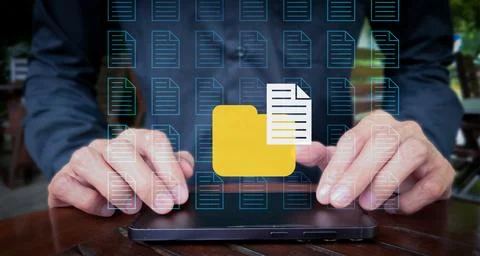 Tablet-Based Document Management with Folder and Grid Icon Overlay Stock Photos