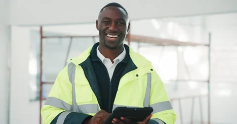 Tablet, black man and face of construction worker on site with research for Stock Footage 341461385