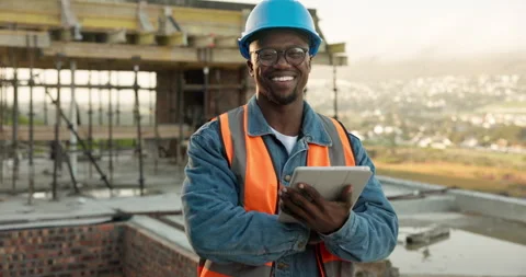 Tablet, black man and face of construction worker on site with confidence for Stock Footage 343350527