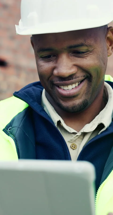 Tablet, black man and happy on construction site with planning for building, Stock Footage 336776776