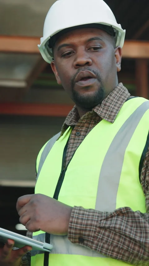 Tablet, black man and logistics in warehouse with thinking, research and supply Stock Footage 343843527