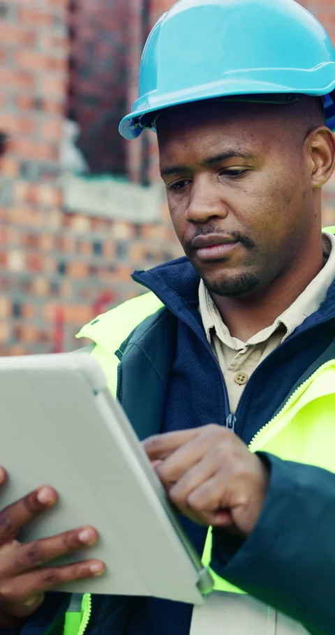 Tablet, black man and scroll on construction site with planning for building, Stock Footage 336776389