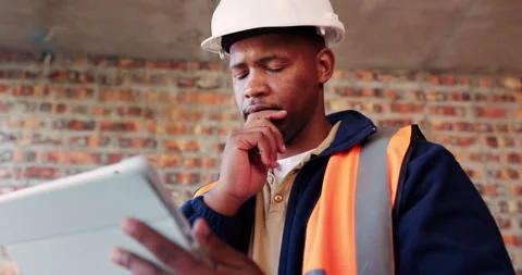 Tablet, black man and thinking at construction site with engineering app Stock Footage 336220111