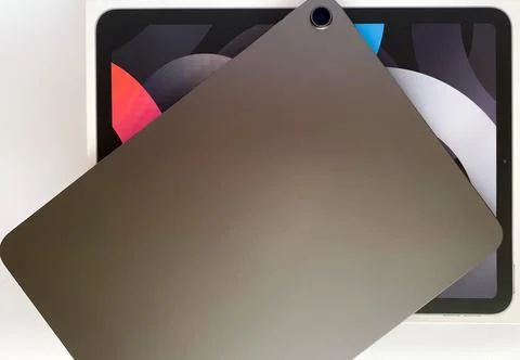 The tablet is black on a white isolated background with a mock up Stock Photos