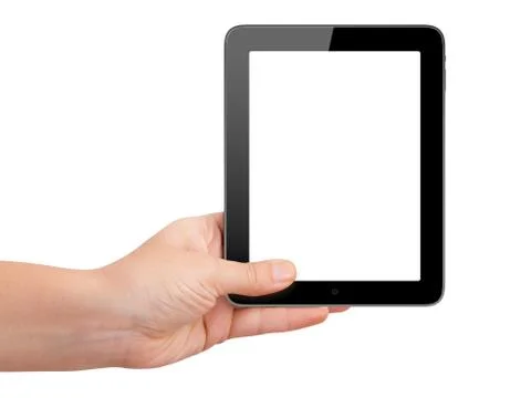 Tablet with blank screen holding by hand Stock Photos