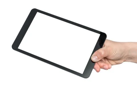 Tablet with blank white touch screen in hand of woman isolated on white backg Stock Photos