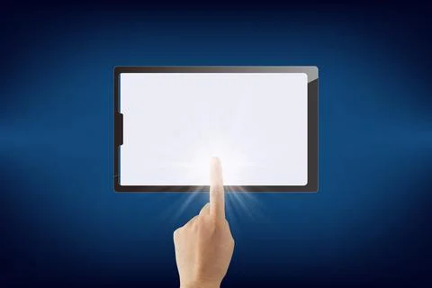 Tablet on blue background and white screen and business with technology conce Stock Photos