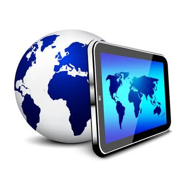 Tablet with blue globe on white background Stock Illustration