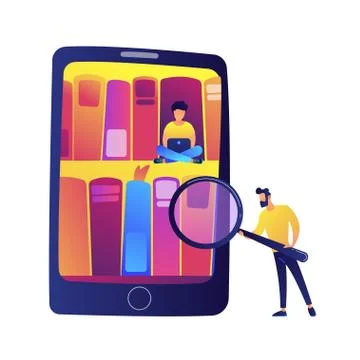 Tablet with bookshelves and students using e-library vector illustration. 스톡 일러스트