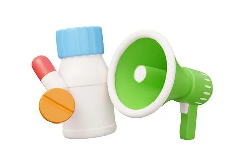 Tablet bottle megaphone 3d render illustration in minimal cartoon style iso.. Stock Illustration